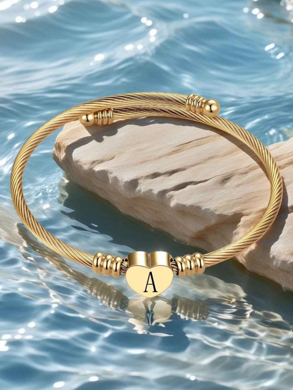 Women Gold Plated Heart Initial A-Z Letter Cuff Bracelets Expandable Stainless S - Picture 5 of 7